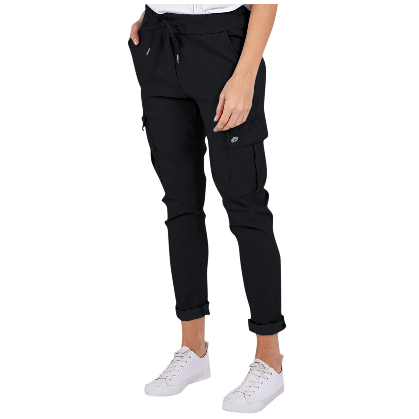 Pantalones cargo casuales con bolsillos Pantalones lápiz de cintura con cordón de color sólido para mujer