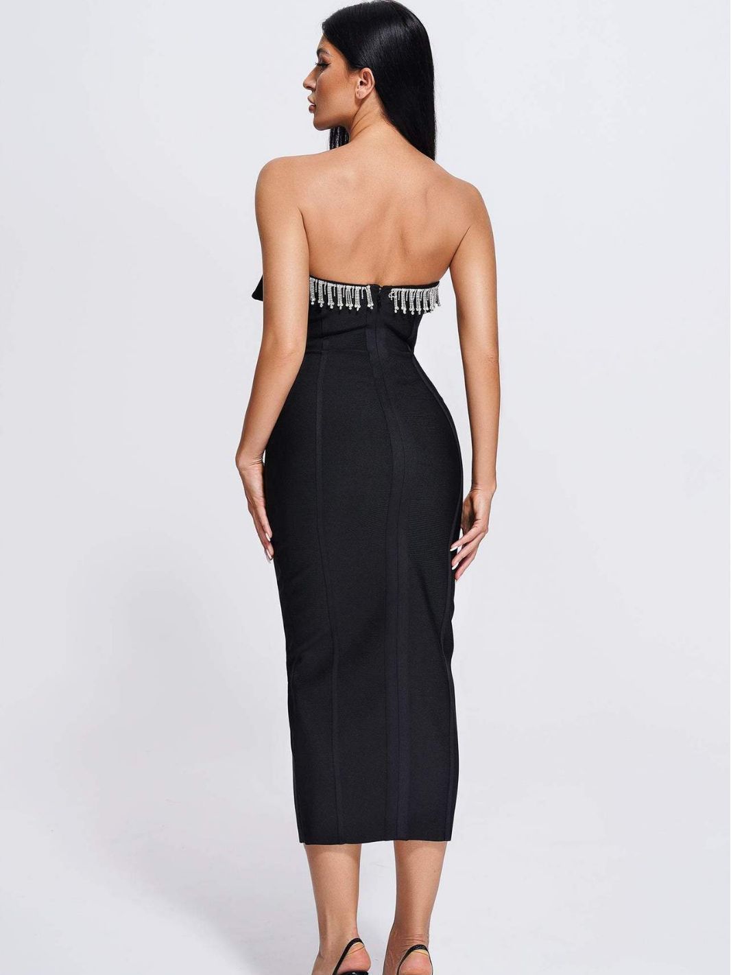 Women's Sequined Low Cut Strapless Black Bandage One-piece Dress