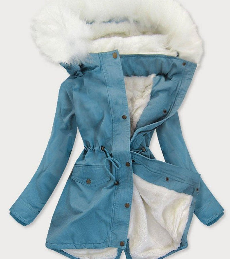 Autumn And Winter Fur Collar Hood Mid-length Denim Trench Coat