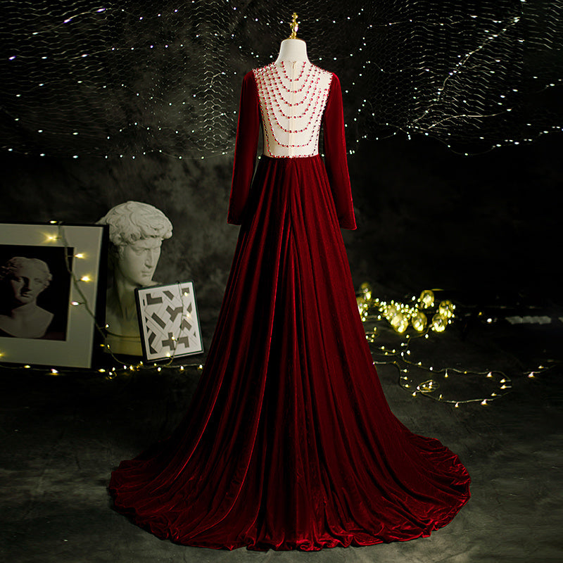 Wine Red Velvet Evening Dress Female Host Performance Dress