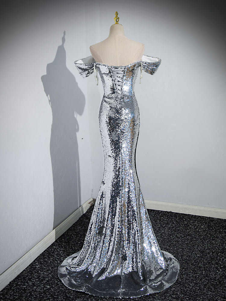 Robe de soirée à paillettes argentées pour femmes, épaules dénudées