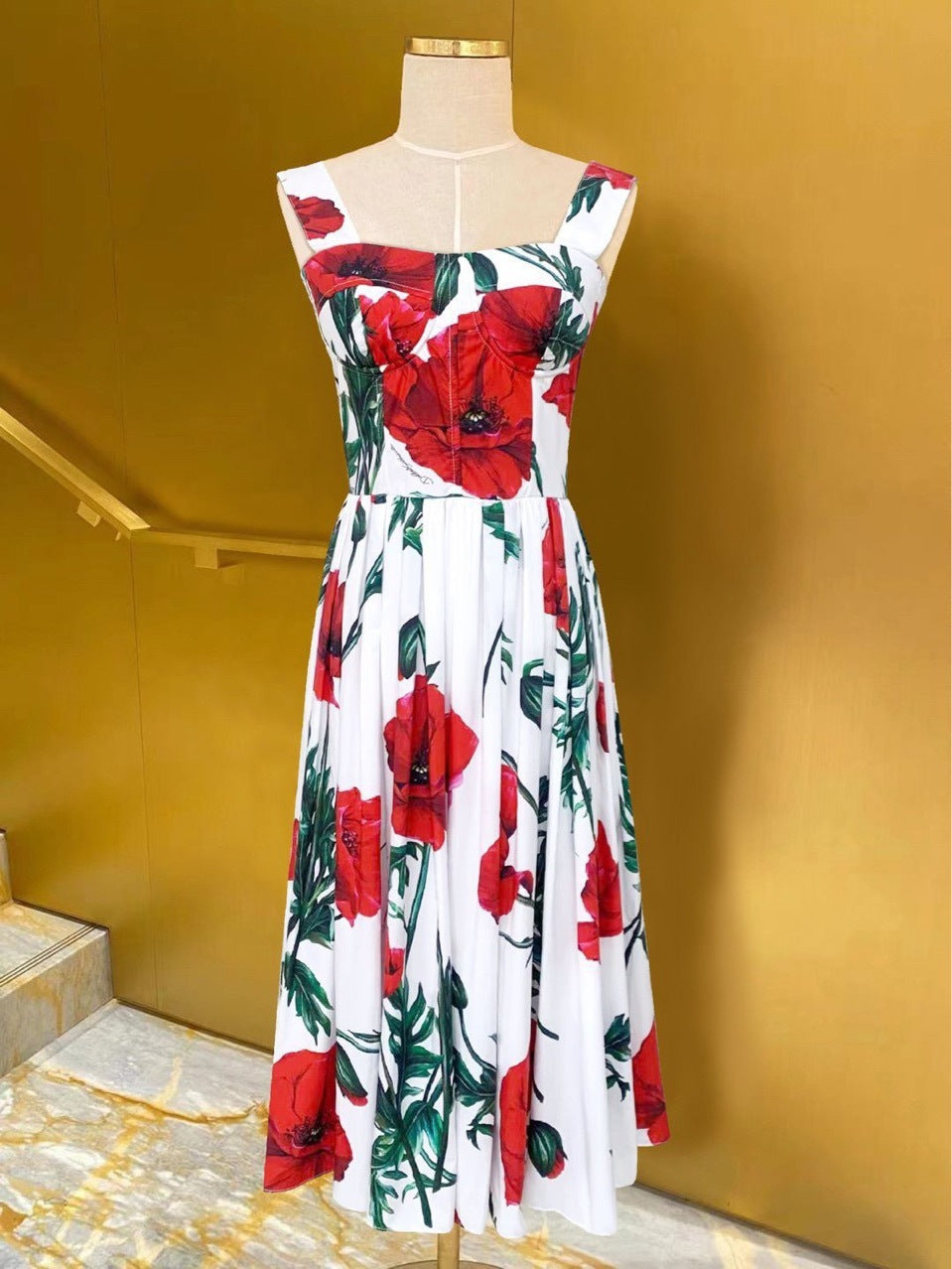 White Waisted High Waist Print Swing Temperament Commute Dress