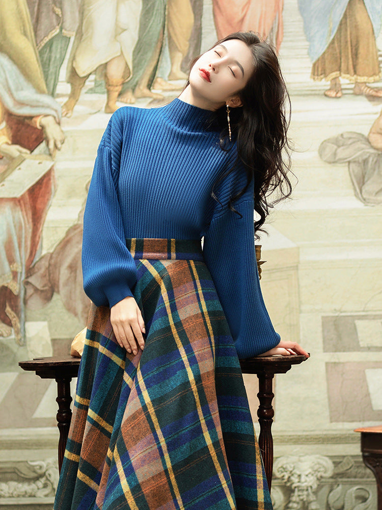 Autumn And Winter New Retro Elegant Blue Turtleneck Knitting Sweater Plaid Skirt Fashion Suit Women