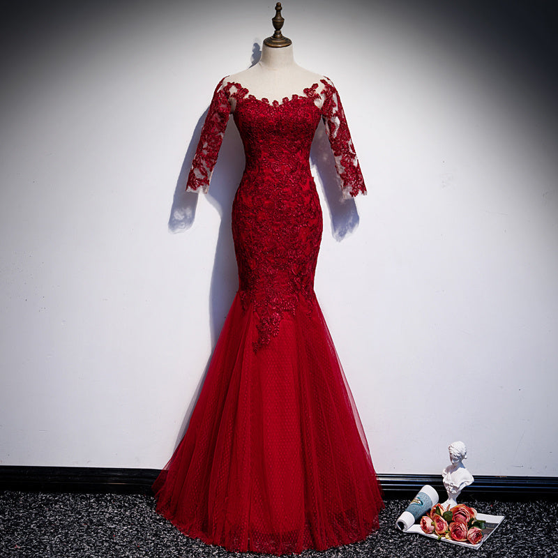 Vestido de noche elegante rojo con cola de pez larga de novia