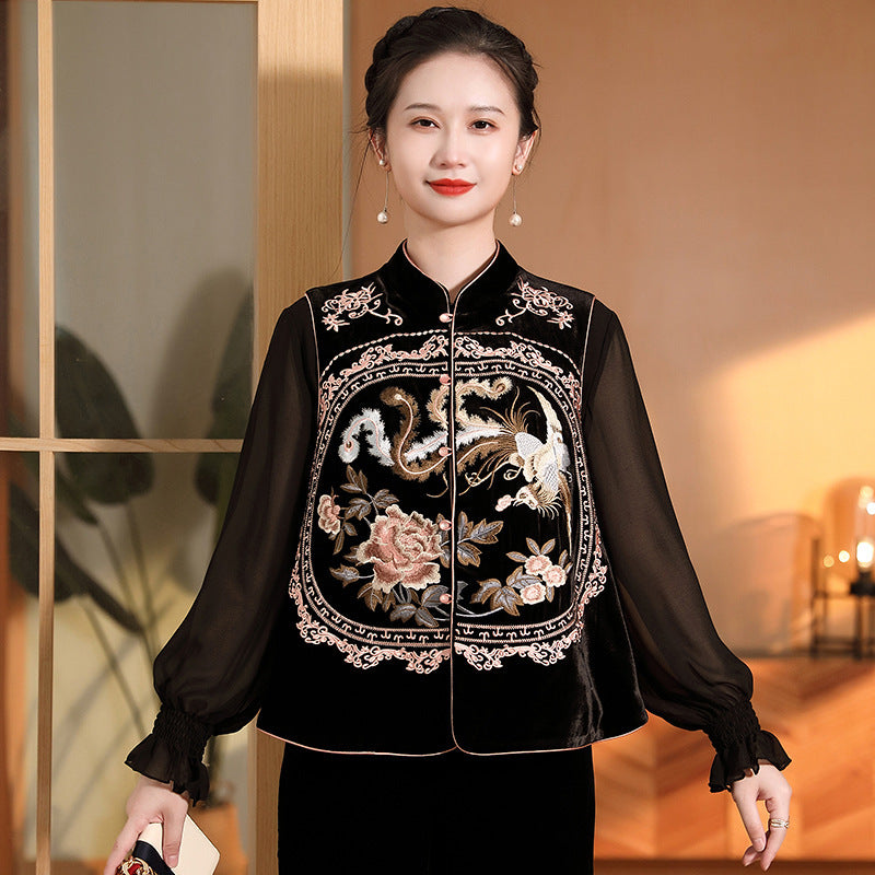 Women's Silk Velvet Embroidered Vest Sleeveless Stand Collar Tangzhuang Top