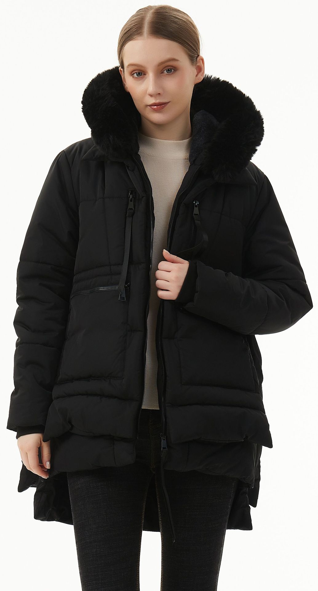 Manteau décontracté à capuche mi-long en coton rembourré pour femme