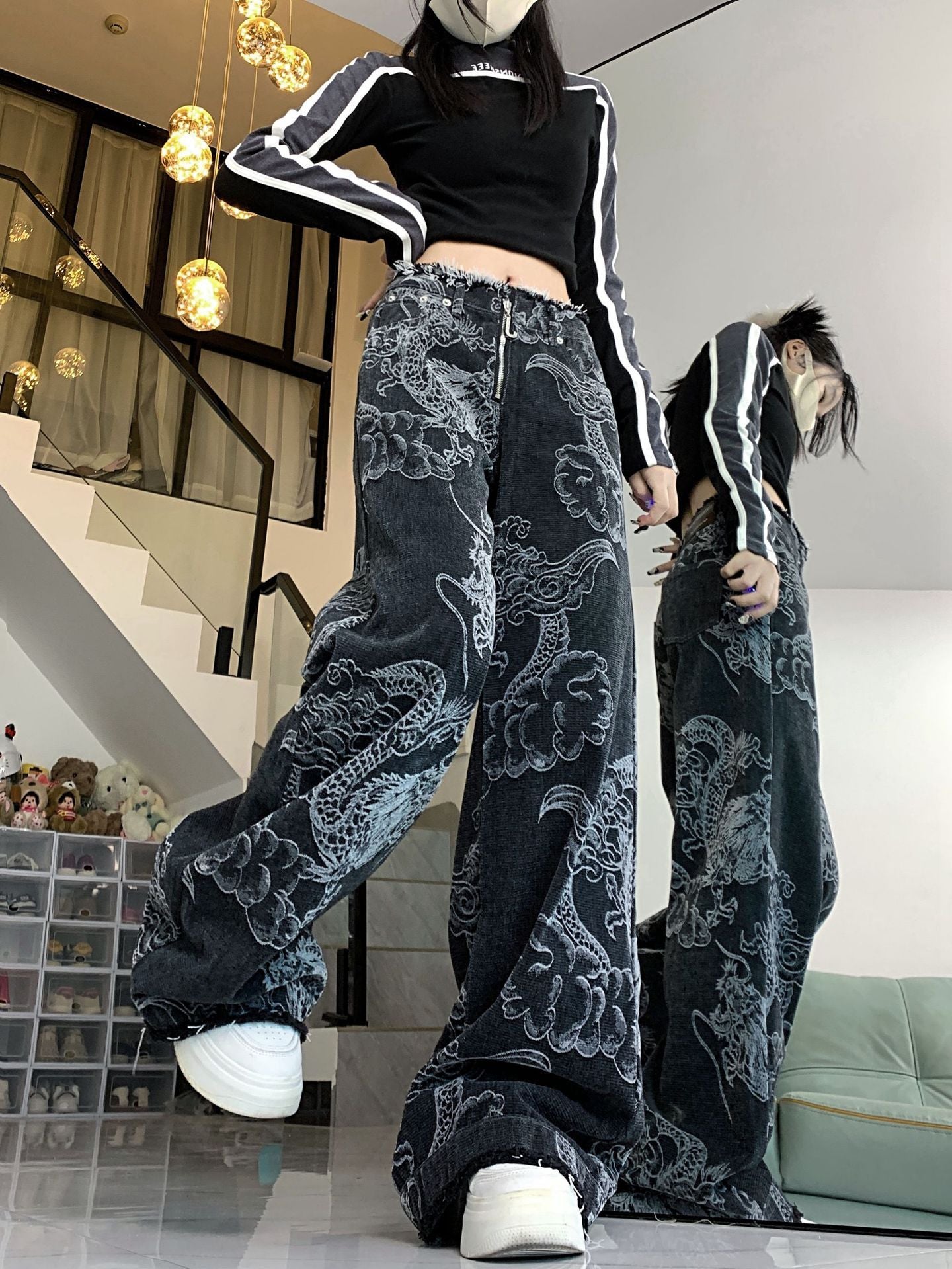 Women's Dragon Print Hip Hop Jeans