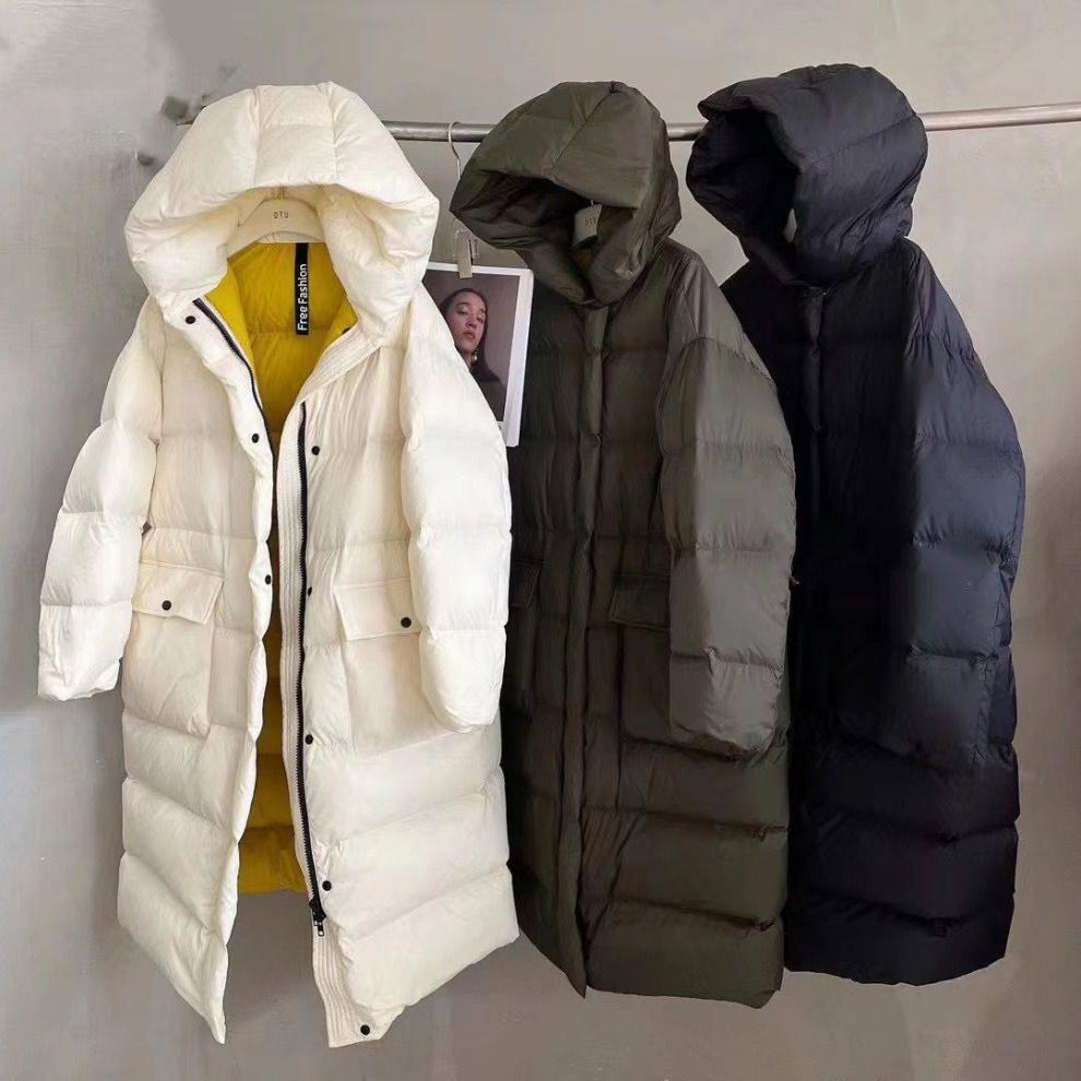 Down Jacket Women's Long Below-the-knee Length Winter Loose Hooded Thickened