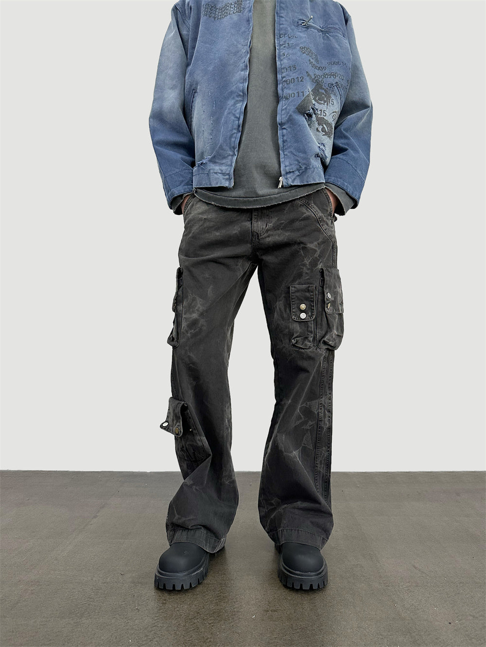 American-style Heavy Cotton Retro Washed Distressed Tie-dyed Multi-pocket Cargo Pants