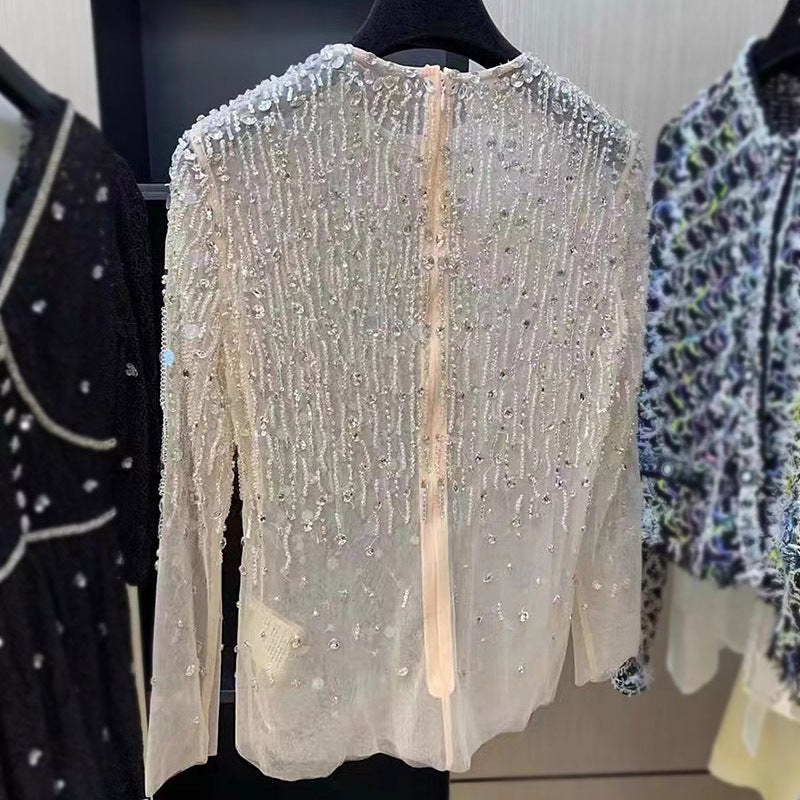 Diamond Blouse Crystal-studded Sequins Mesh Top Women