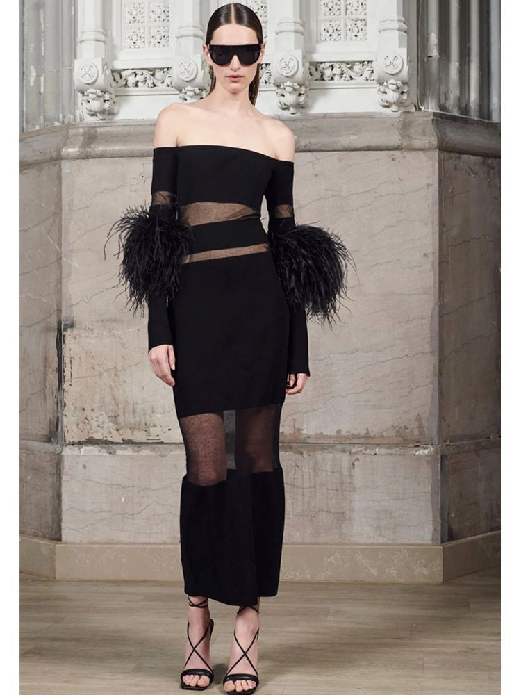 Fashion Shoulder-baring Long Sleeve Stitching Feather Long Bandage One-piece Dress