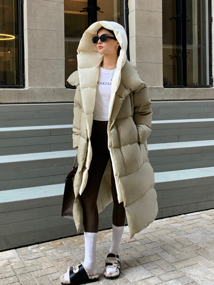 Veste chaude à capuche longue en duvet de canard blanc pour femme