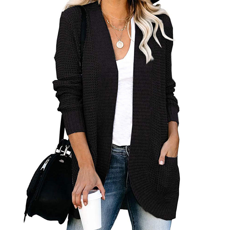 Autumn Winter Cardigan Women Clothing Curved Placket Large Pocket Sweater Open