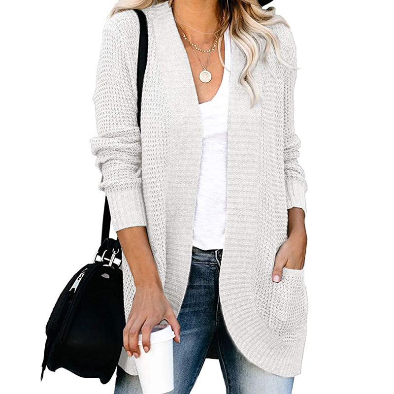 Autumn Winter Cardigan Women Clothing Curved Placket Large Pocket Sweater Open