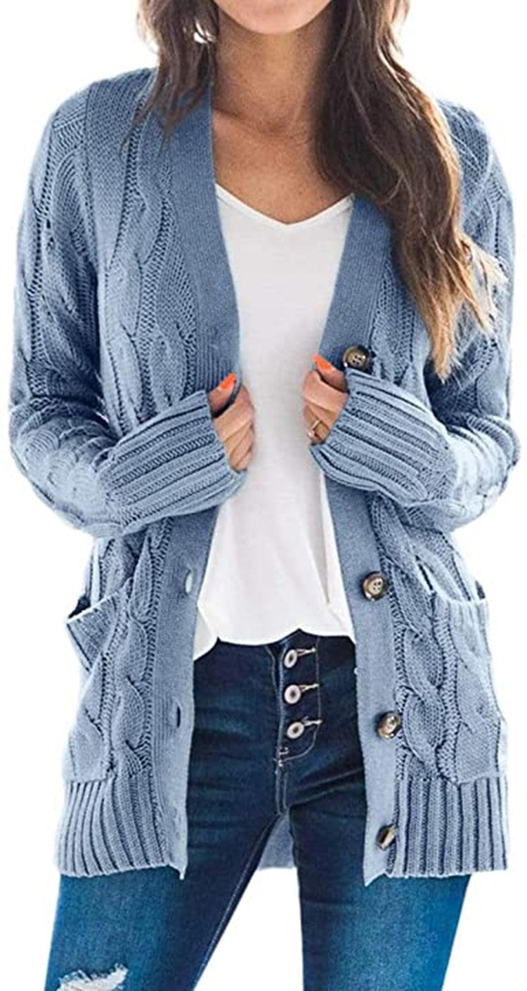 Cardigan en tricot à manches longues et col en V pour femme, décontracté, automne et hiver