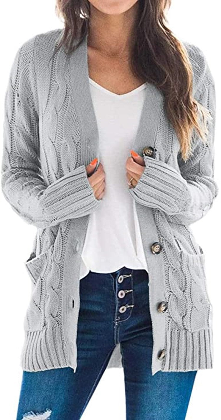 Cardigan en tricot à manches longues et col en V pour femme, décontracté, automne et hiver