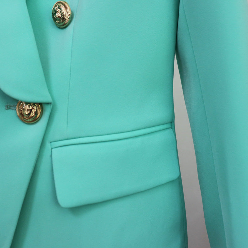 Star Women Blazer Head Metal Buckle Double Breasted Green Collar Blazer Mint Green