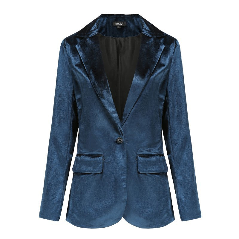 Velvet Office plus Size One Button Casual Velvet Blazer for Women