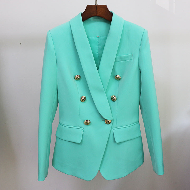 Star Women Blazer Head Metal Buckle Double Breasted Green Collar Blazer Mint Green