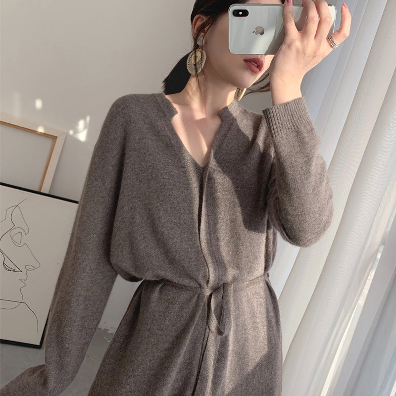 Dress Autumn Winter Simple Temperamental Slimming Solid Color Mid Length over the Knee Drawstring Waist Knitted Dress Women