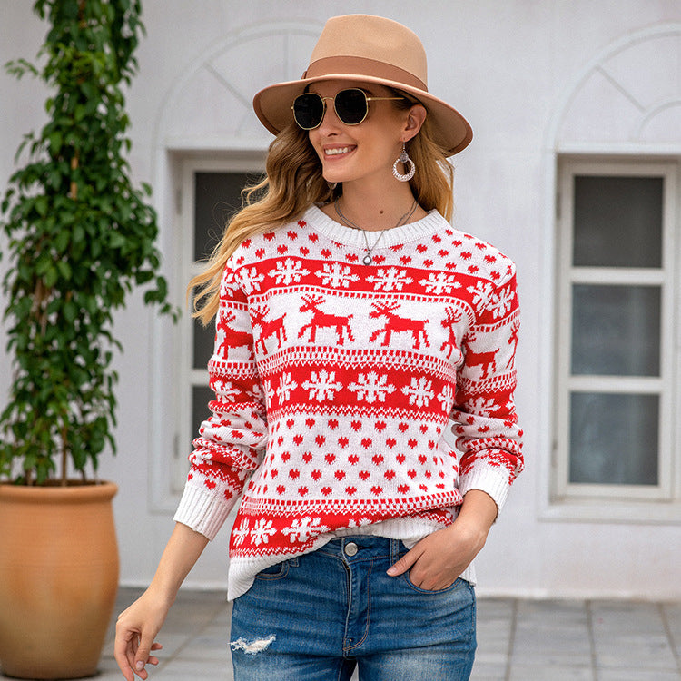 Autumn Winter Sweater Women Christmas Red round Neck Deer Snowflake Jacquard Pullover Sweater