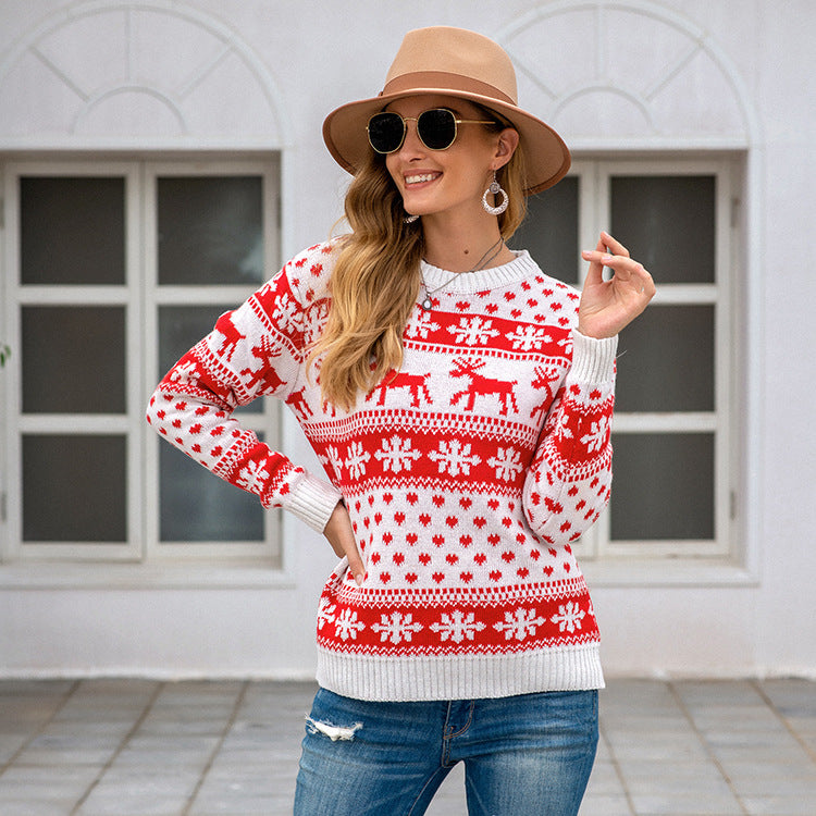 Autumn Winter Sweater Women Christmas Red round Neck Deer Snowflake Jacquard Pullover Sweater