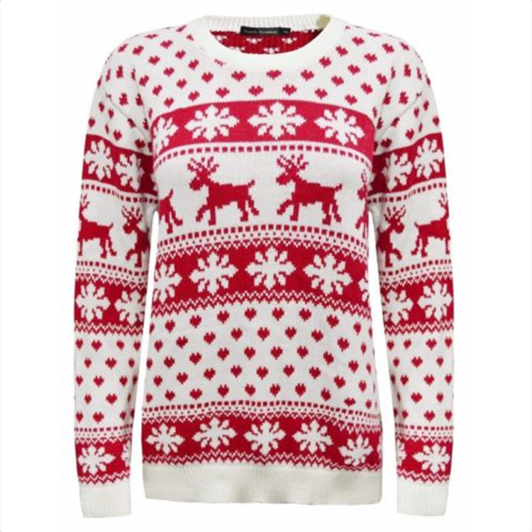 Autumn Winter Sweater Women Christmas Red round Neck Deer Snowflake Jacquard Pullover Sweater