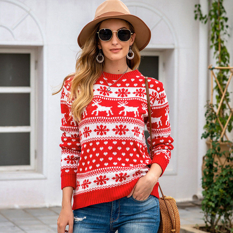 Autumn Winter Sweater Women Christmas Red round Neck Deer Snowflake Jacquard Pullover Sweater