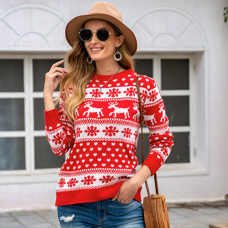 Autumn Winter Sweater Women Christmas Red round Neck Deer Snowflake Jacquard Pullover Sweater