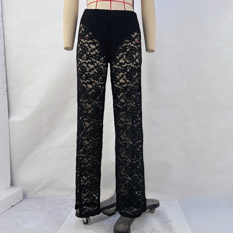 Summer Lace See-through High Waist Stitching Long Straight-leg Pants