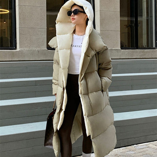 Veste chaude à capuche longue en duvet de canard blanc pour femme