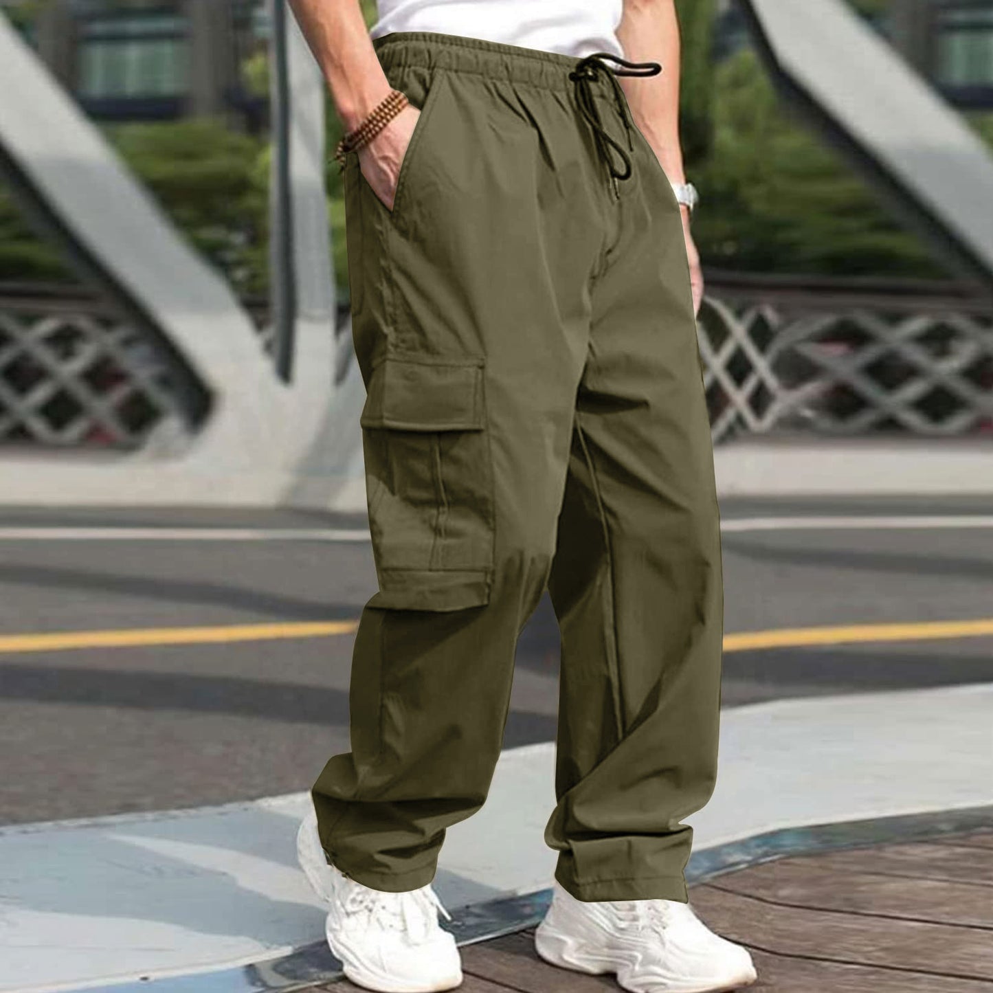 Pantalones cargo casuales para hombres Pantalones sueltos rectos con cordón en la cintura y bolsillos