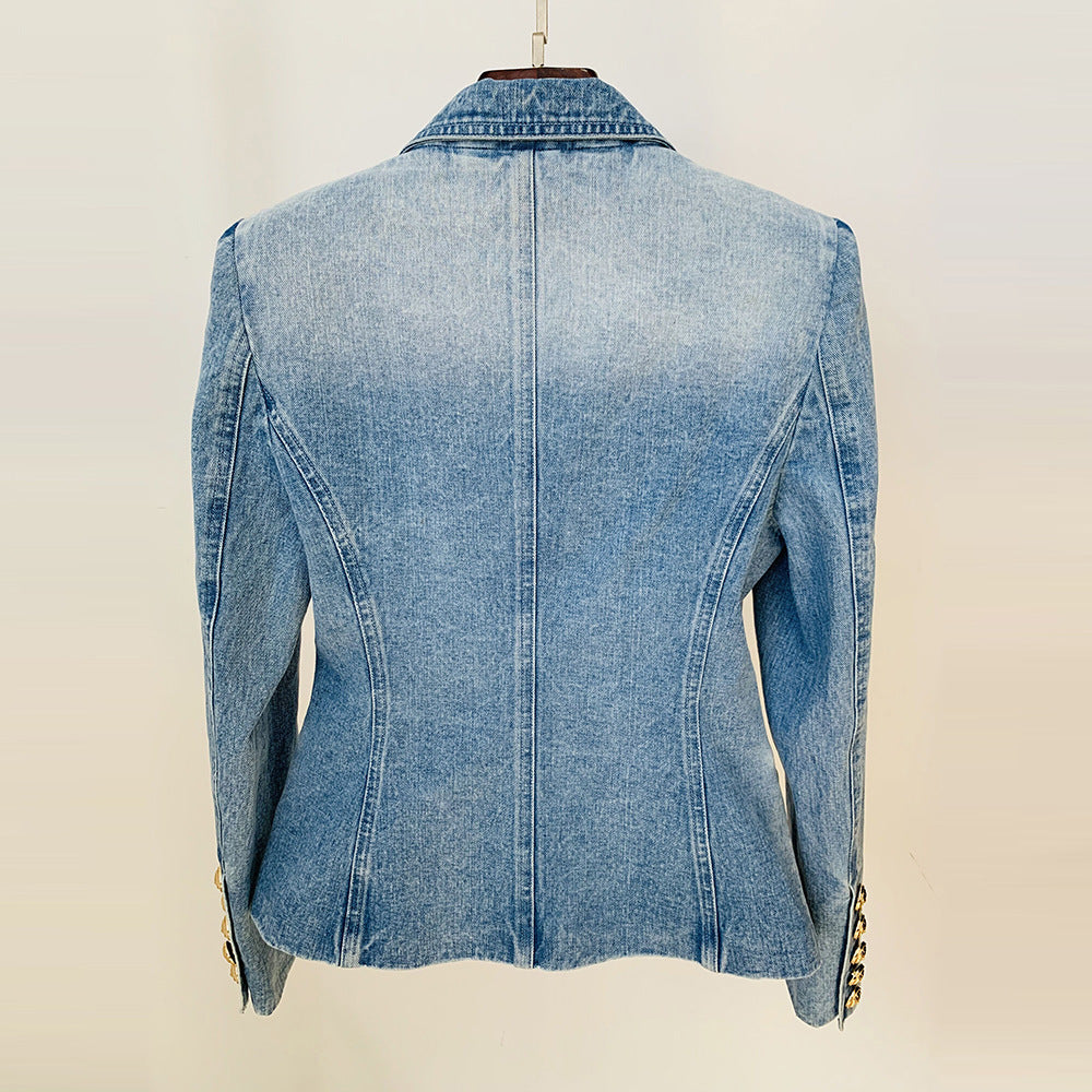 Veste de costume en jean slim à double boutonnage avec bouton lion pour femme