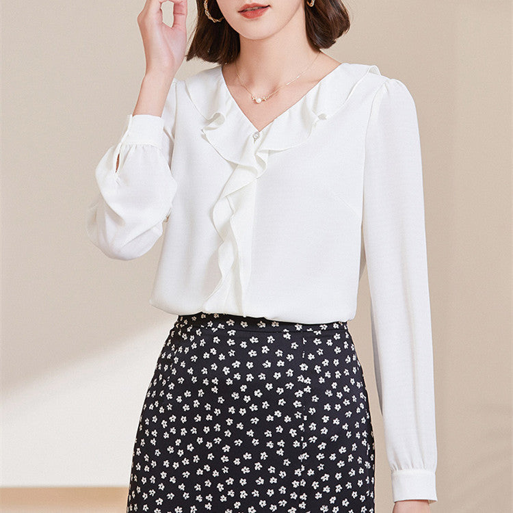 Women's Stylish Temperament Long Sleeves V-neck Chiffon Blouse