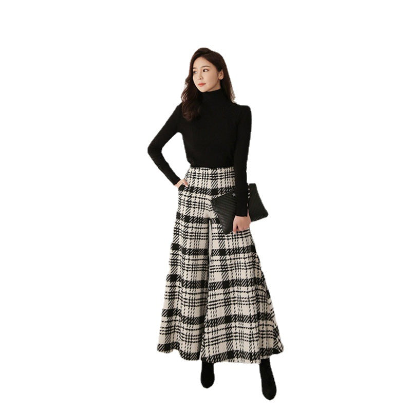 Temperament Black And White Houndstooth Slim-fit Wide-legged Pants