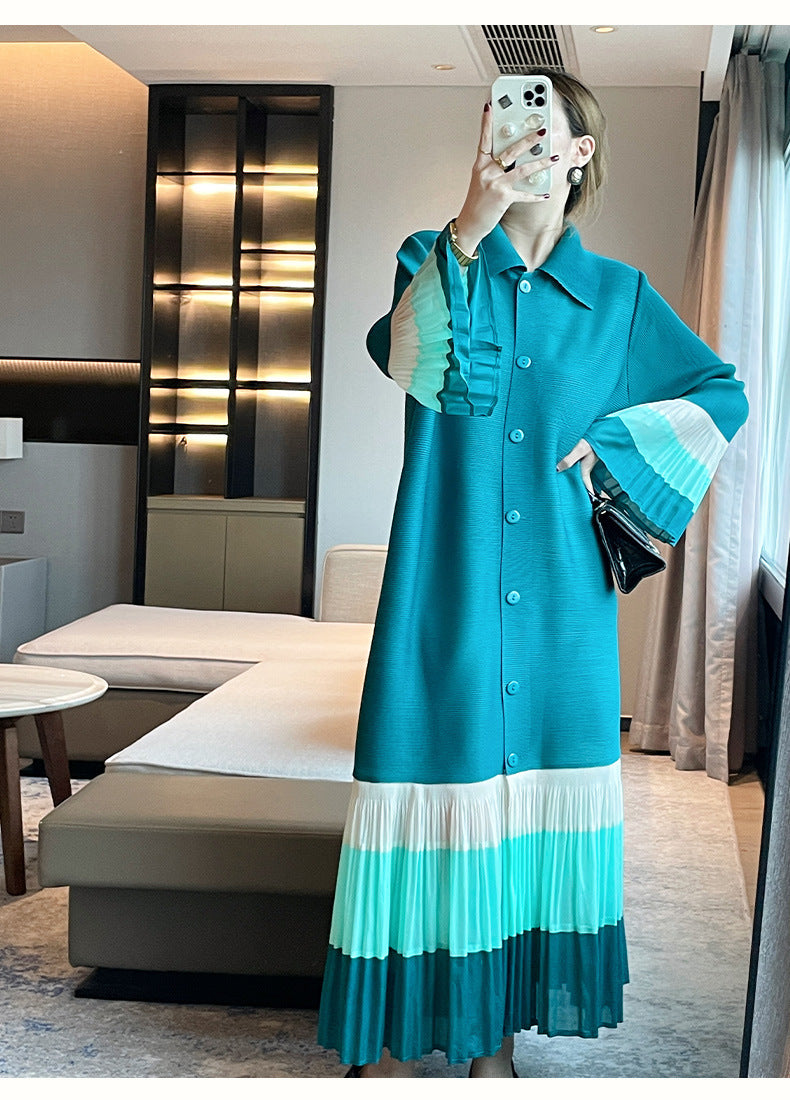 Color Stitching Turnover Neck Loose Dress Temperament Long Dress