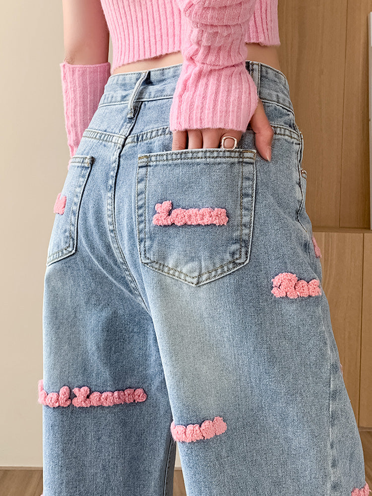 Jean large femme lettres brodées pantalon droit