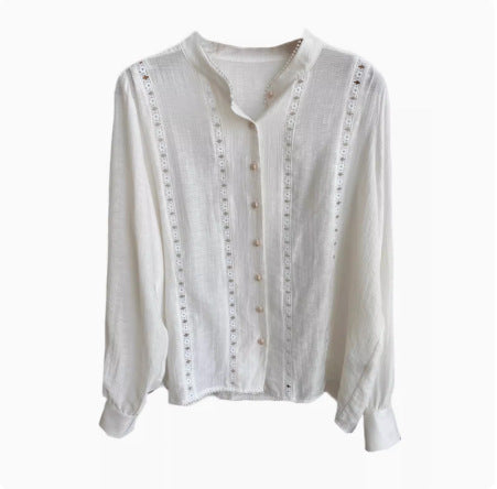 Camisa blanca con mangas abullonadas francesas de primavera y verano para mujer