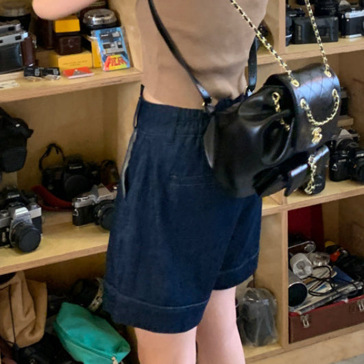 Short en jean taille haute à jambes larges pour femme