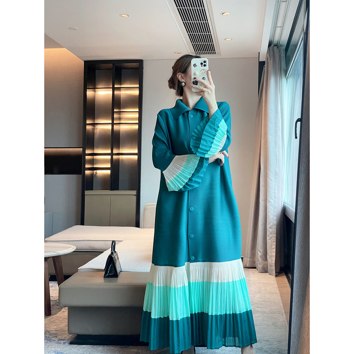 Color Stitching Turnover Neck Loose Dress Temperament Long Dress