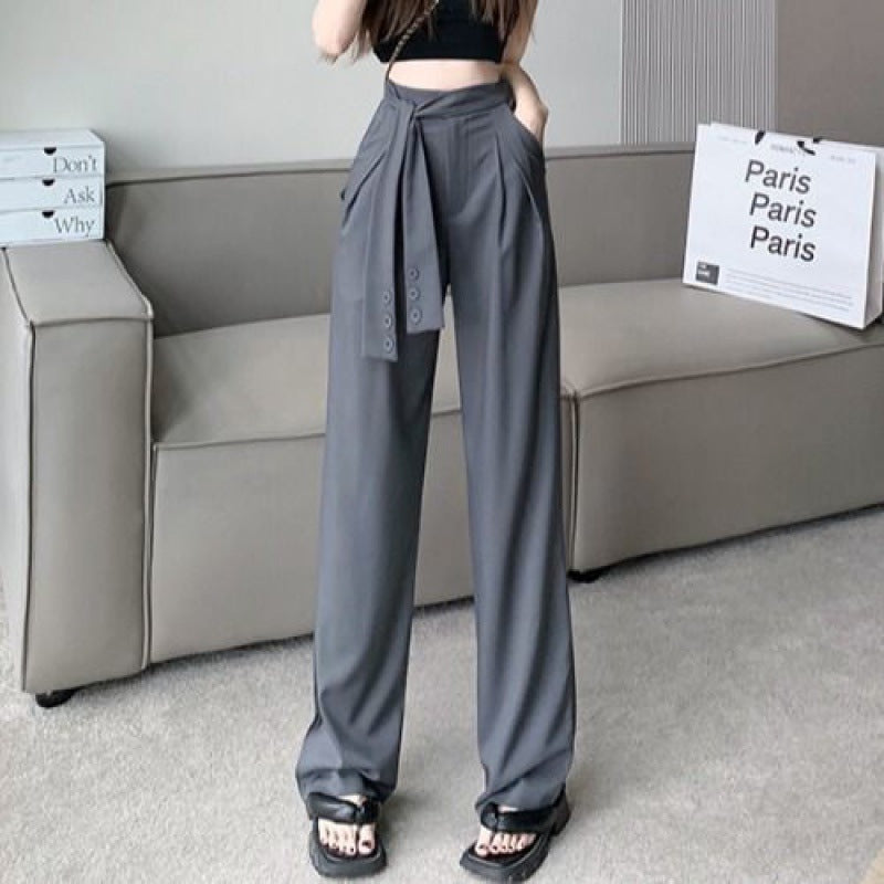 Design Gray Suit Pants For Women Lace-up Drape Wide Leg