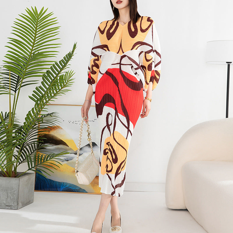 Women's Temperament Pleated Print Batwing Sleeve Dress