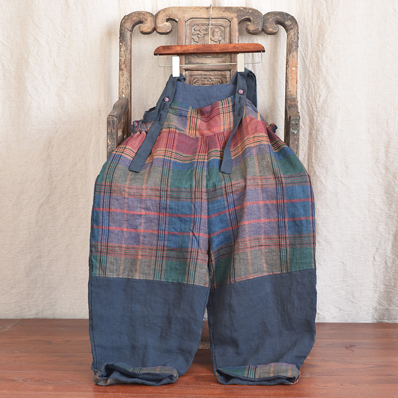 Fashion Patchwork Linen Leisure Suspender Pants