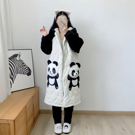 Couple Pajamas Men's And Women's Autumn And Winter Three-layer Thickened Cartoon Flannel Warm Loungewear Suit