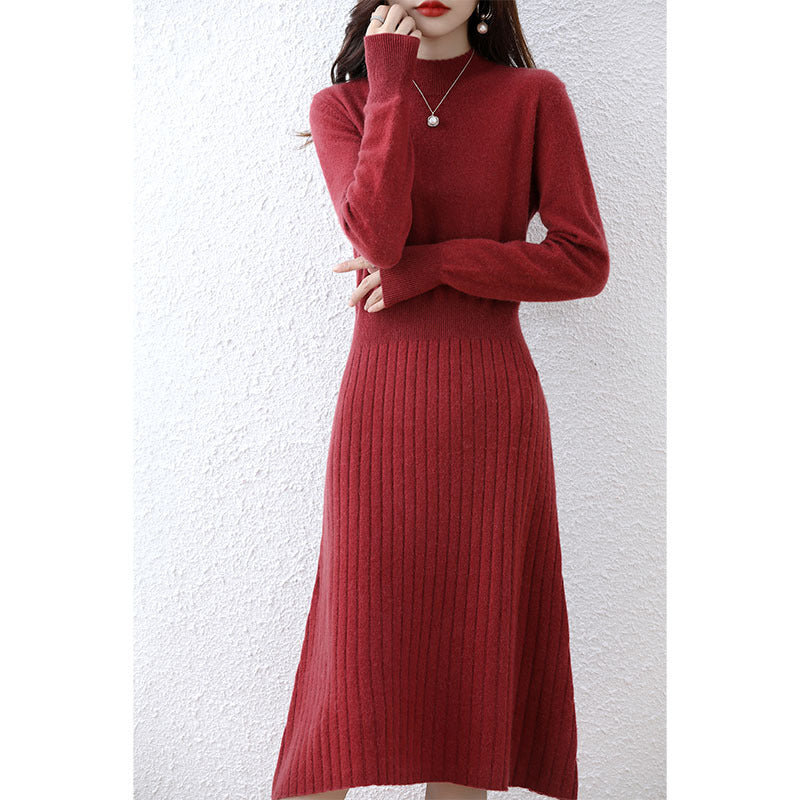 Autumn And Winter New Pure Wool Dress Women's A- Line Style Overknee Mid-length