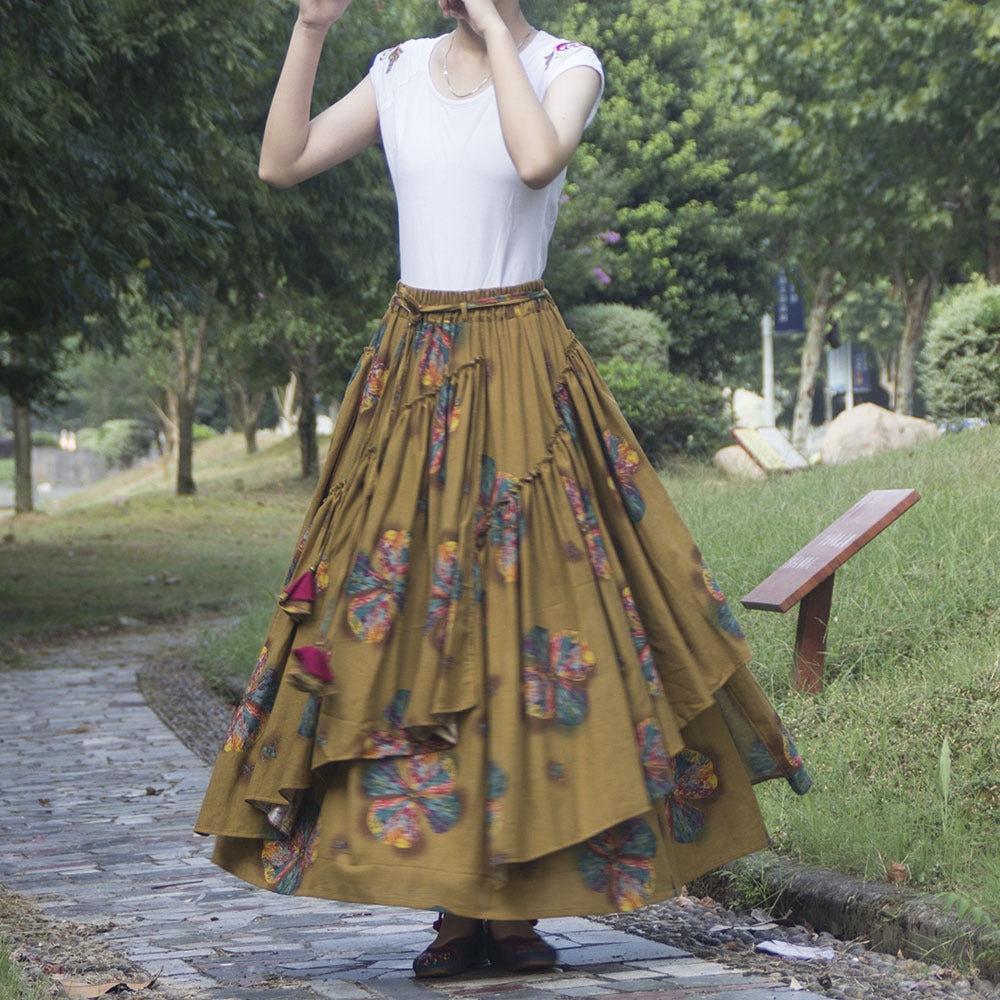 Jupe imprimée en coton et lin pour femmes de style ethnique