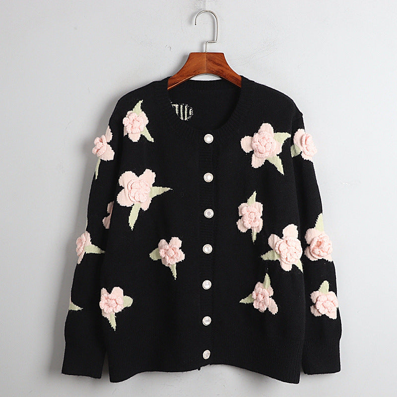 Sweet Pink Floral Sweater Coat Women Spring Autumn Winter round Neck Loose Outer Sweater Cardigan 3D Rose