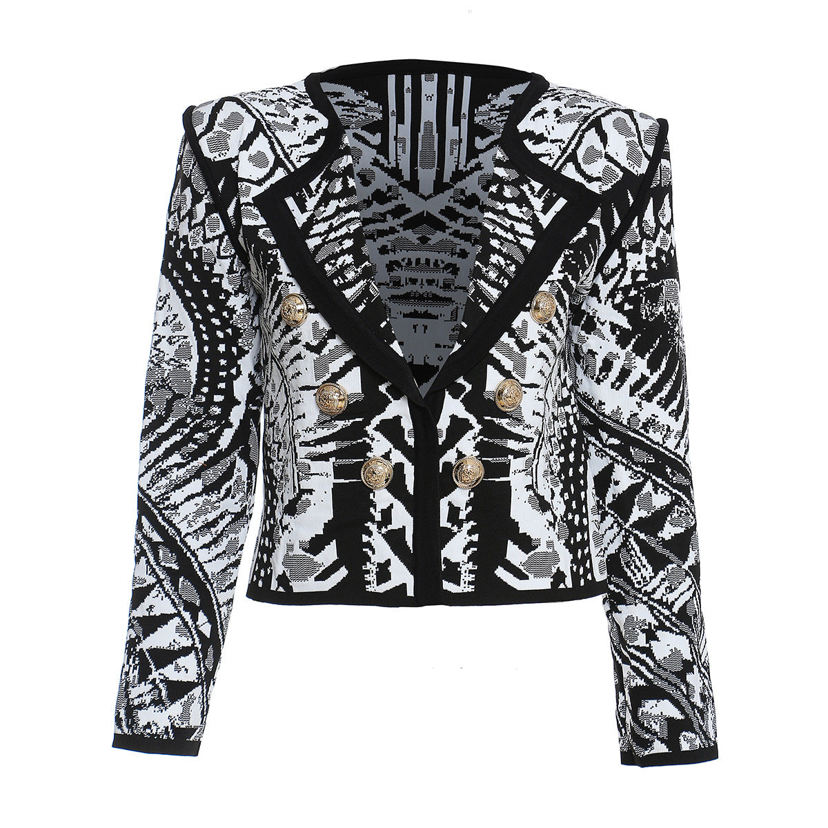 Classic Black White Geometry Sense Autumn Black White Printing Color Contrast Cardigan Short Coat