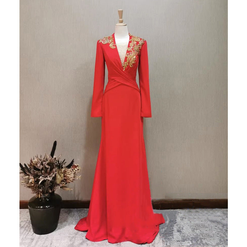 Vestido de noche de banquete para mujer de manga larga rojo