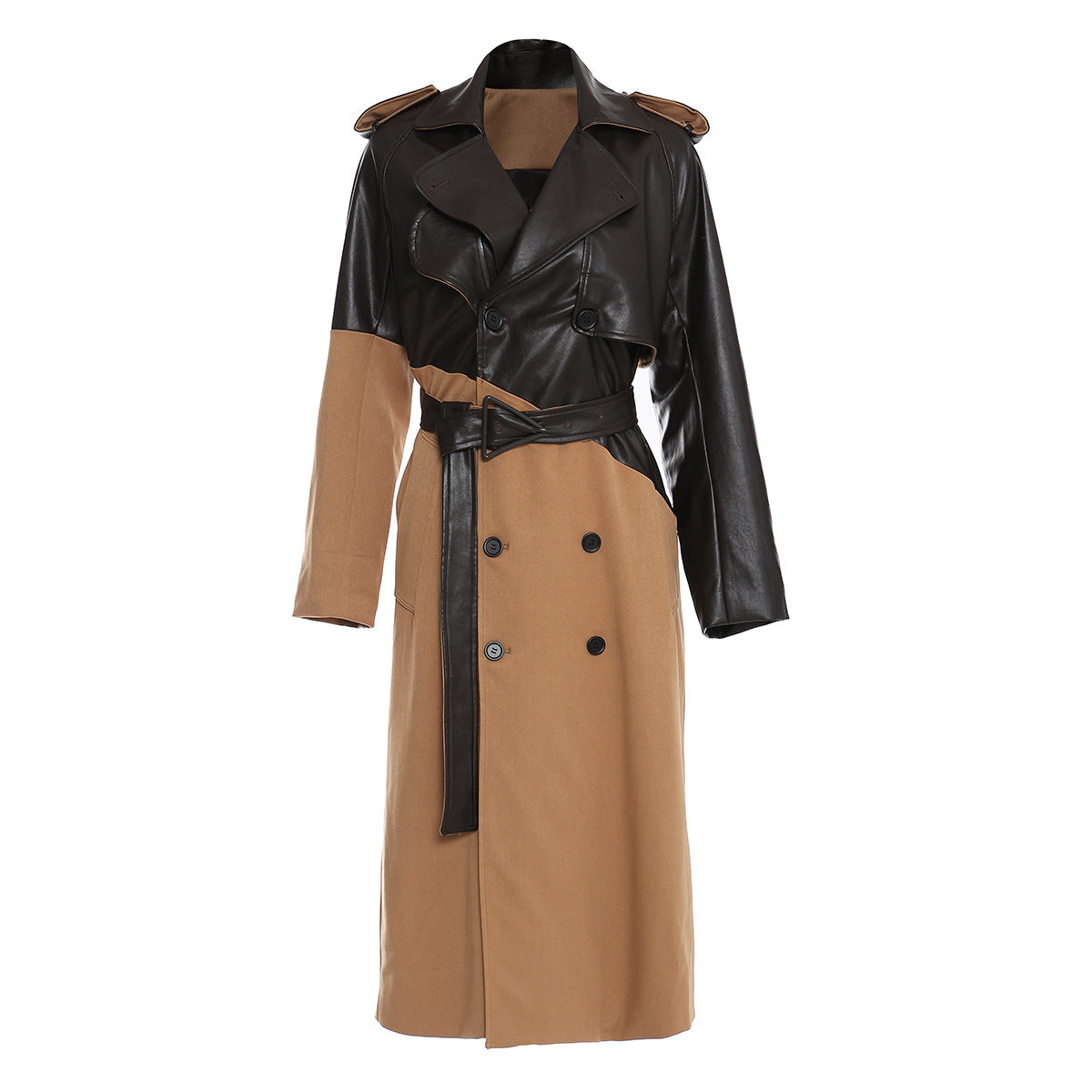 Stitching Leather Wind Coat Women Mid Length Overknee Lace up Waist Khaki Color Matching